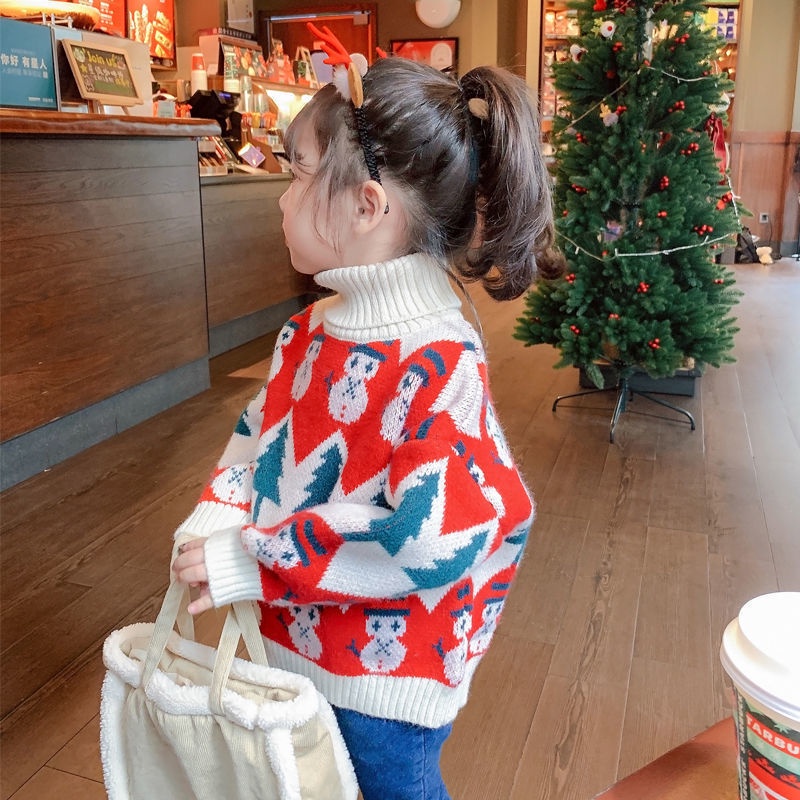 Beibeiyin Áo Sweater Dệt Kim Chui Đầu Cổ Lọ Dày Dặn Ấm Áp Phong Cách Giáng Sinh Cho Bé Gái