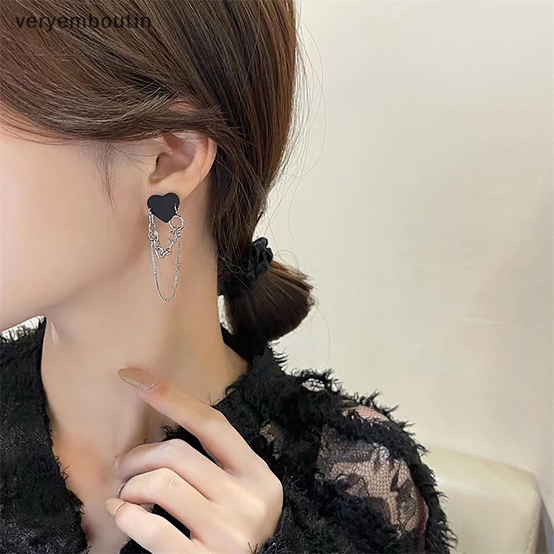 1 Đôi Bông Tai Dây Xích Dài Hình Trái Tim Màu Đen Phong Cách Hip Hop Cá Tính Dành Cho Bạn Nữ Hàng Ngày n