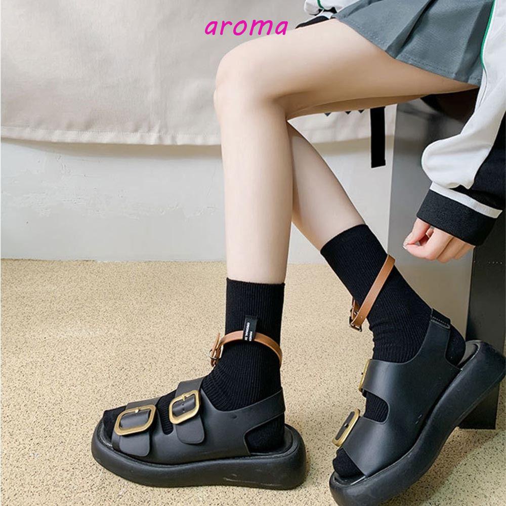 AROMA Vớ Cotton Mỏng Ống Vừa Màu Sắc Trơn Kèm Thắt Lưng Phong Cách Hàn Quốc Thời Trang Mùa Hè Cho Nữ