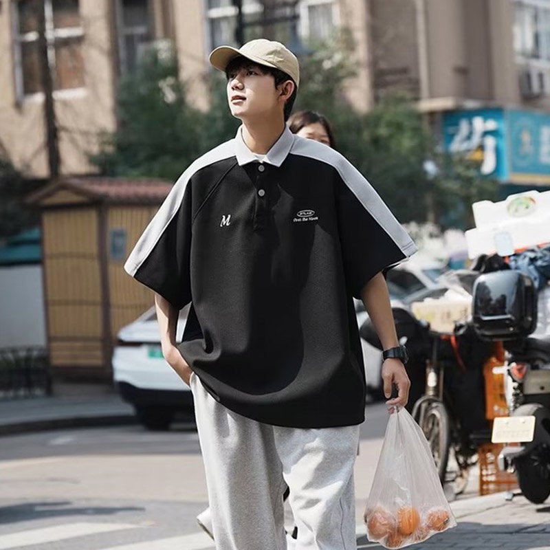 Áo polo Ngắn Tay Dáng Rộng Phối Màu Tương Phản Thời Trang Mùa Hè Cho Nam