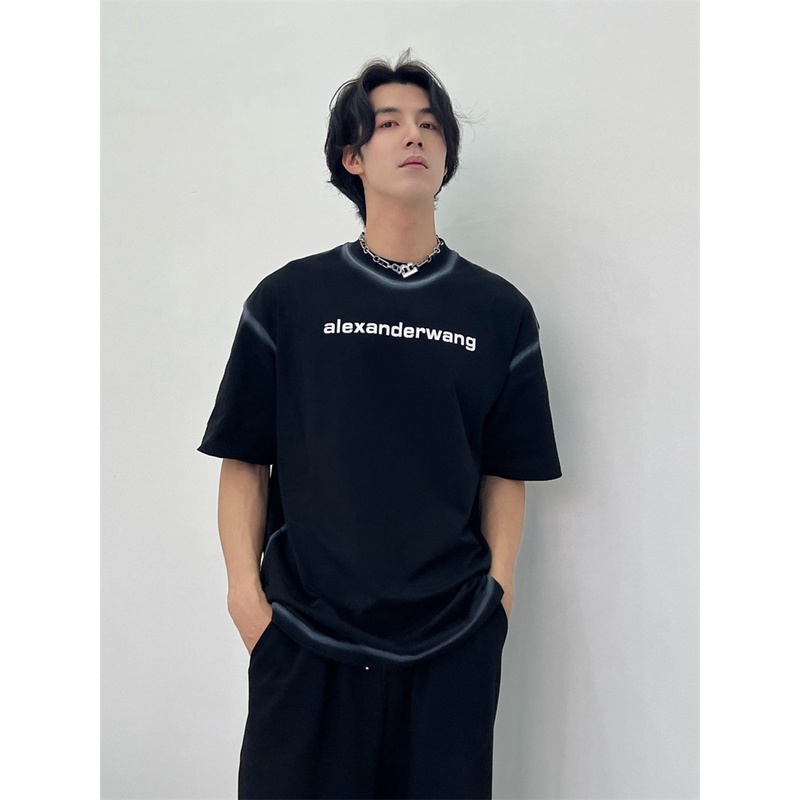 Ale-xander-wang - Vải Gạc In Màu Thuần Khiết Thủ Công Mới Nhất Áo Thun Tay Ngắn In Chữ Trước Ngực Thời Trang Cho Nam Và Nữ