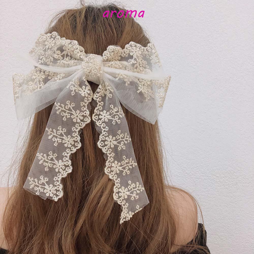 AROMA Kẹp Tóc Hình Nơ Phối Lưới Họa Tiết Hoa Xinh Xắn Phong Cách Hàn Quốc