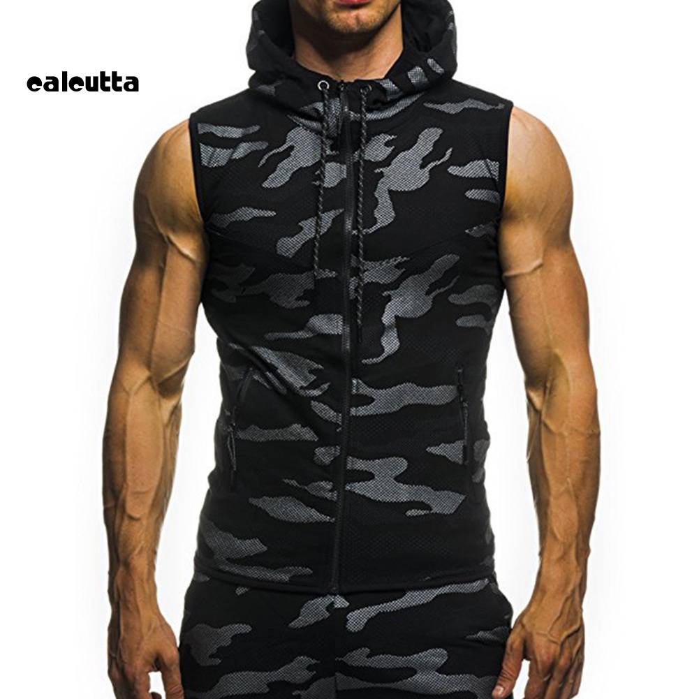 [calcutta] Áo Ba Lỗ Không Tay Có Mũ Trùm Đầu Và Dây Kéo Họa Tiết Rằn Ri Mùa Hè Cho Nam