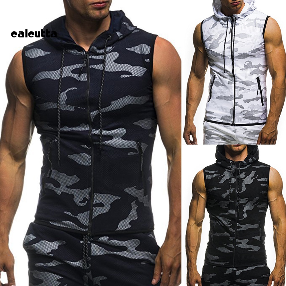 [calcutta] Áo Ba Lỗ Không Tay Có Mũ Trùm Đầu Và Dây Kéo Họa Tiết Rằn Ri Mùa Hè Cho Nam