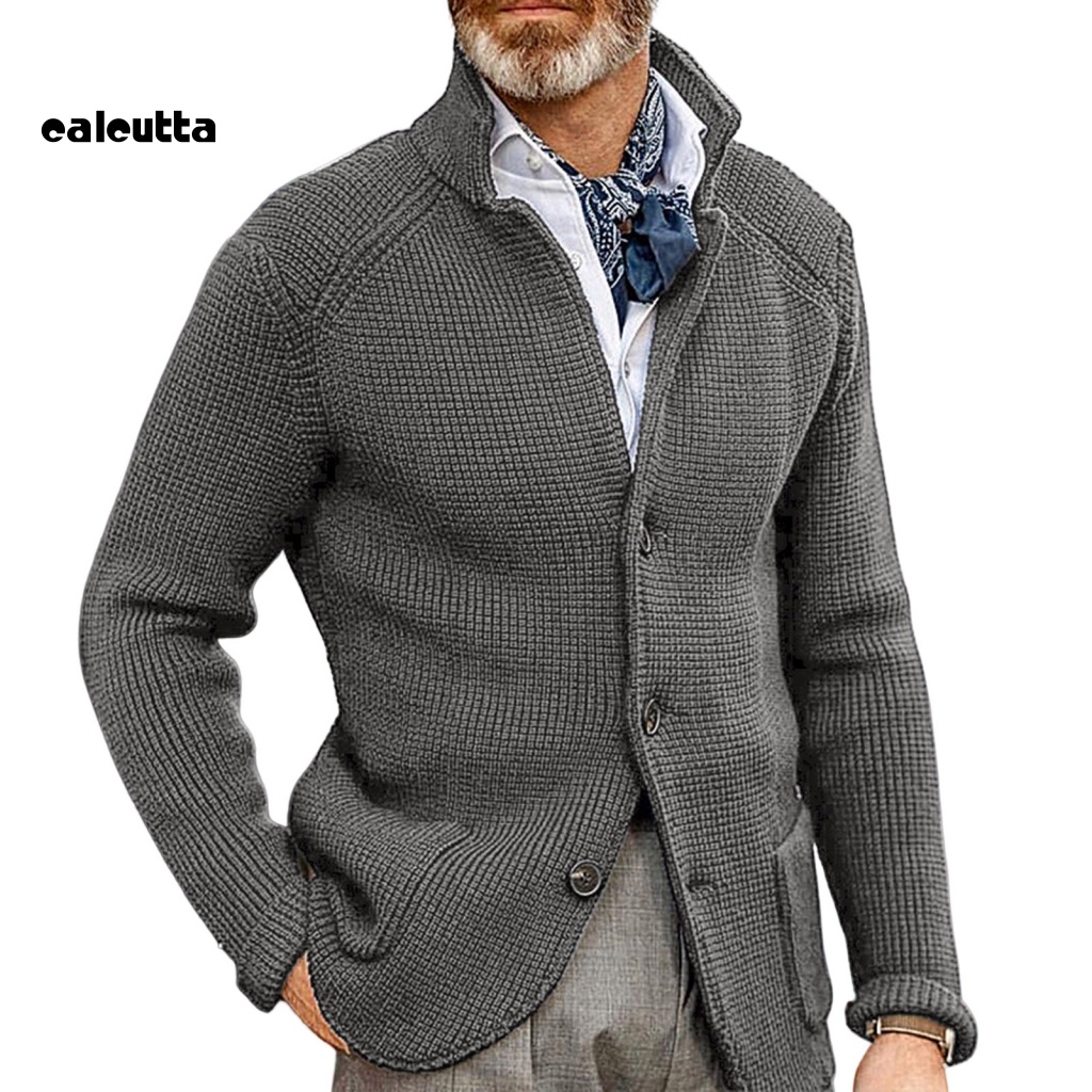 [calcutta] Áo Khoác Sweater Dệt Kim Dày Dặn Tay Dài Cổ Đứng Cài Nút Màu Trơn Thời Trang Thu Đông Cho Nam