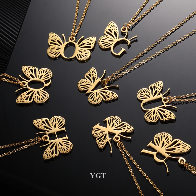 Ygt Vòng cổ Mặt Hình Bướm Và Chữ Cái Bằng Thép Không Gỉ Thời Trang Cho Nữ