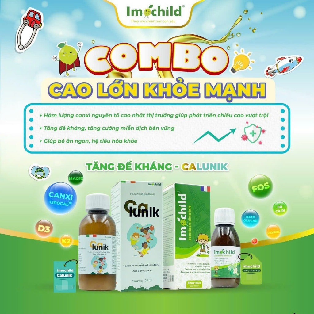 Combo 2 Hộp Tăng Đề Kháng + Canxi Calunik Imochild, Giúp Bé Cao Lớn Khỏe Mạnh - IMOCHILD Kiện 2 Hộp