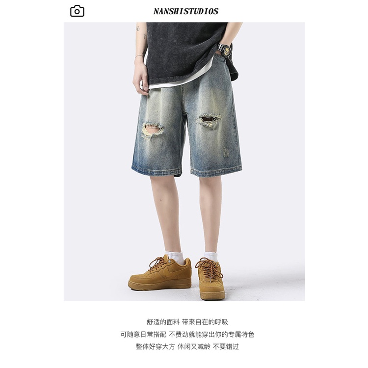Quần Short Denim Rách Phong Cách Đường Phố Mỹ Cá Tính Cho Nam