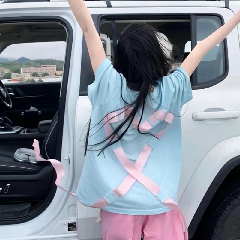 Áo Thun Tay Ngắn Phối Ruy Băng Phong Cách Hàn Quốc Thời Trang Mùa Hè Cho Nam Và Nữ