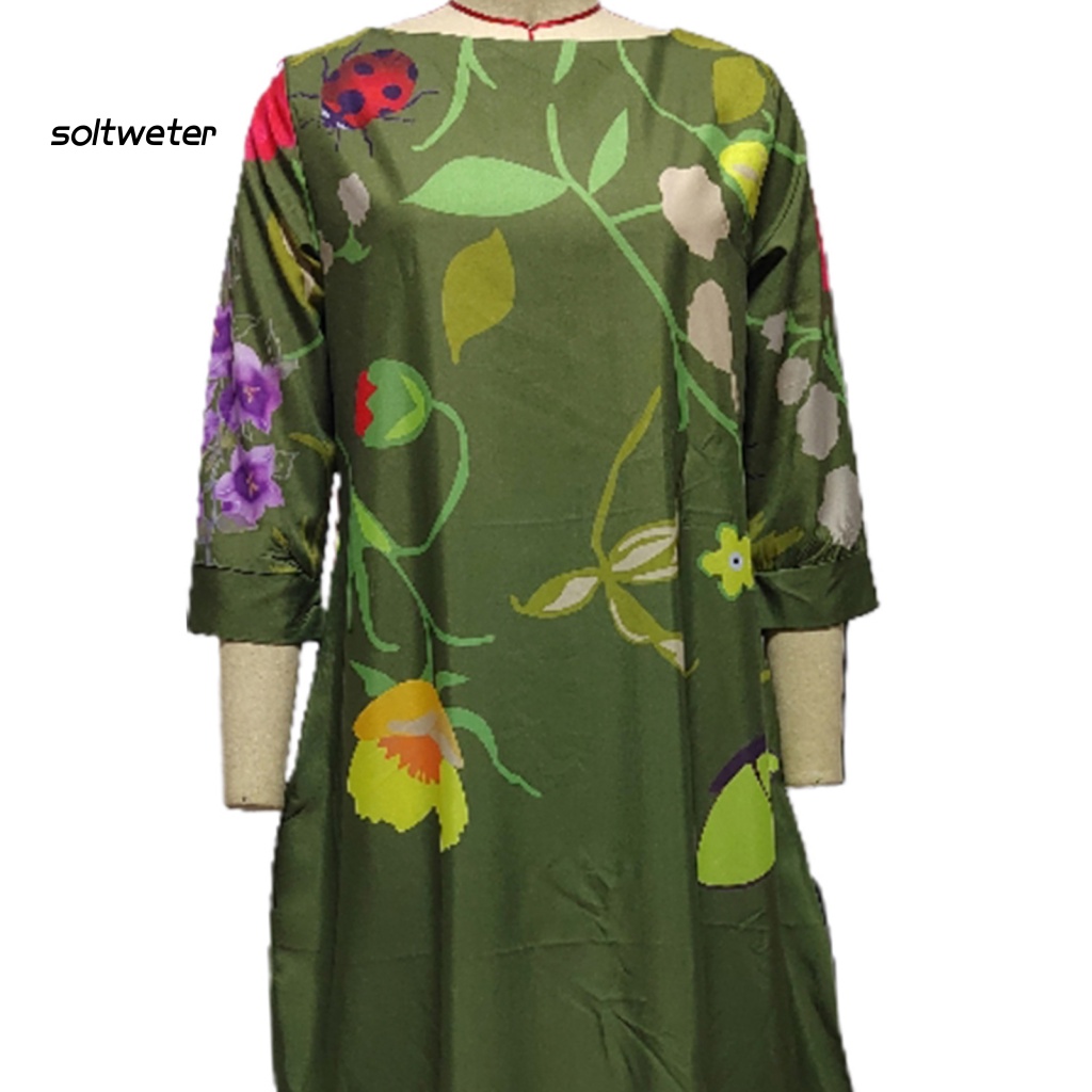 Đầm Maxi Cổ Tròn 3 / 4 Dáng Rộng In Họa Tiết Hoa Lá Thời Trang Xuân Thu Xinh Xắn Cho Nữ