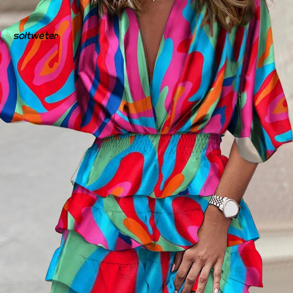 Đầm Cánh Dơi Cổ Chữ V In Họa Tiết Hoa Nhiều Màu Độc Đáo Thời Trang Mùa Hè Quyến Rũ Cho Nữ