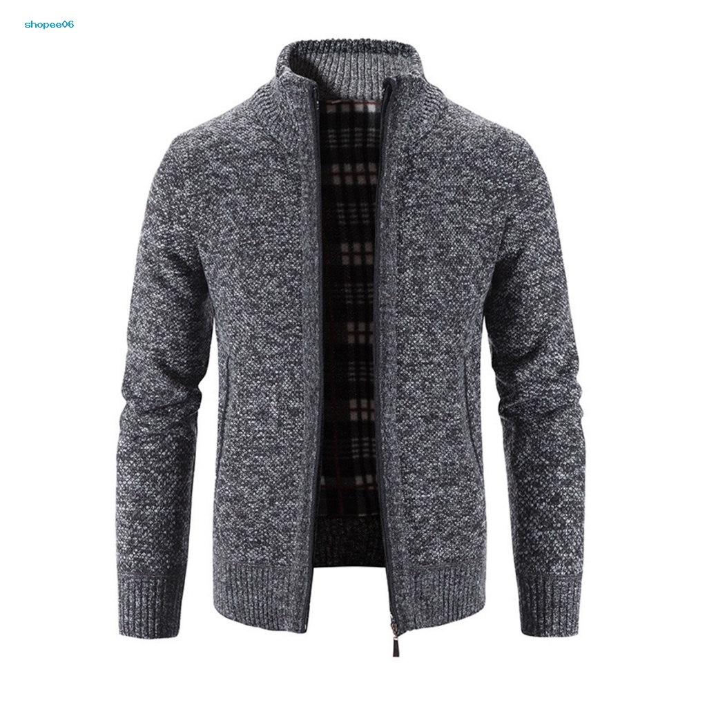 Pemg Áo Khoác Sweater Dệt Kim Tay Dài Lót Lông Cừu Màu Trơn Có Khóa Kéo Thời Trang Thu Đông Cho Nam