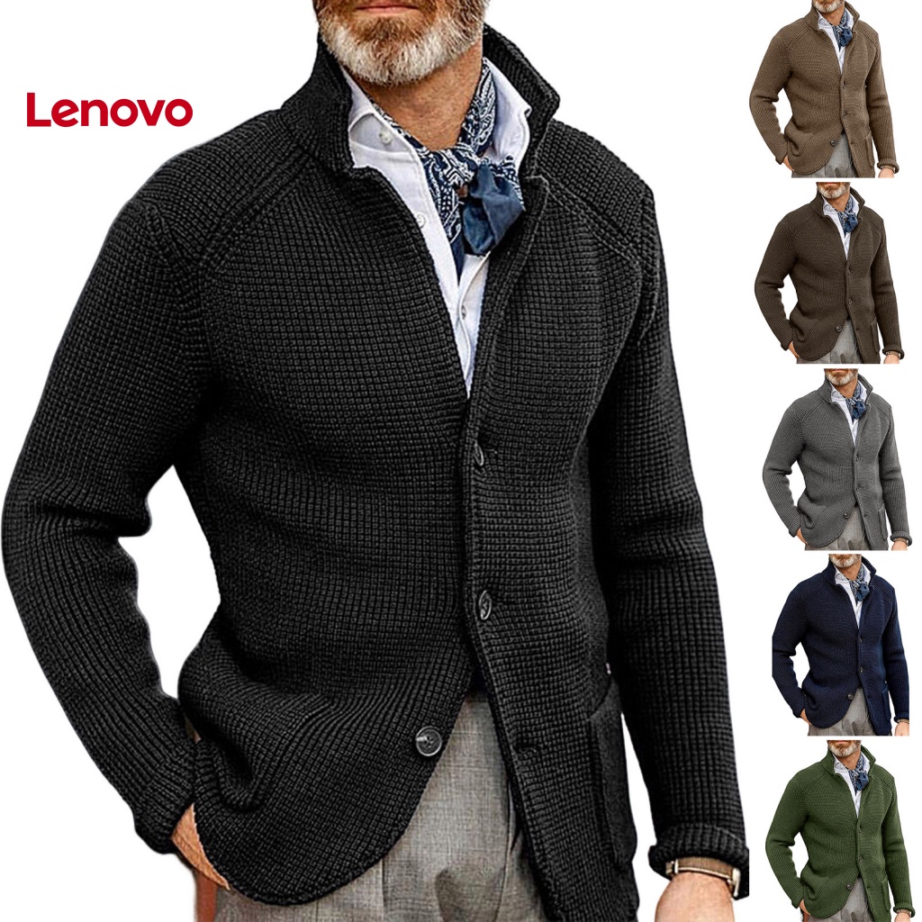 Áo Khoác Sweater Dệt Kim Dày Dặn Tay Dài Cổ Đứng Đính Nút Màu Trơn In Hoa Hướng Dương Thời Trang Thu Đông Cho Nam