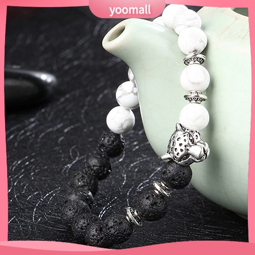 Vòng Tay Chuỗi Hạt Đá Tự Nhiên Mạ Bạc Phối Mặt Hình Đầu Báo Thời Trang Cho Nam Nữ