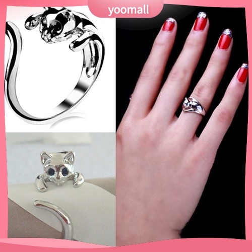 Nhẫn Hở Mạ Bạc Hình Mèo Đính Đá Mắt Mèo Dễ Thương