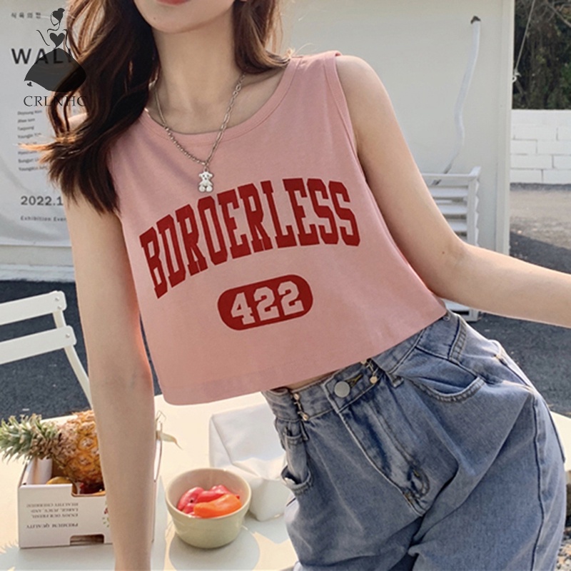 Áo Croptop Sát Nách Cổ Tròn Dáng Rộng In Chữ Thời Trang Mùa Hè Cho Nữ