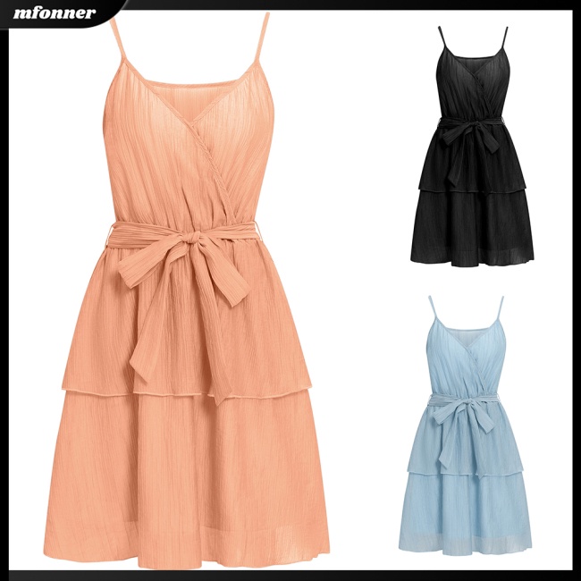 Đầm Hai Dây Cổ Chữ V Màu Sắc Đơn Giản Thanh Lịch Cho Nữ