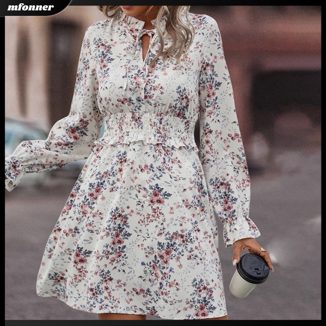 Đầm Ngắn Tay Dài Cổ Chữ V Nhún Bèo Họa Tiết Hoa Thời Trang Mùa Hè Cho Nữ