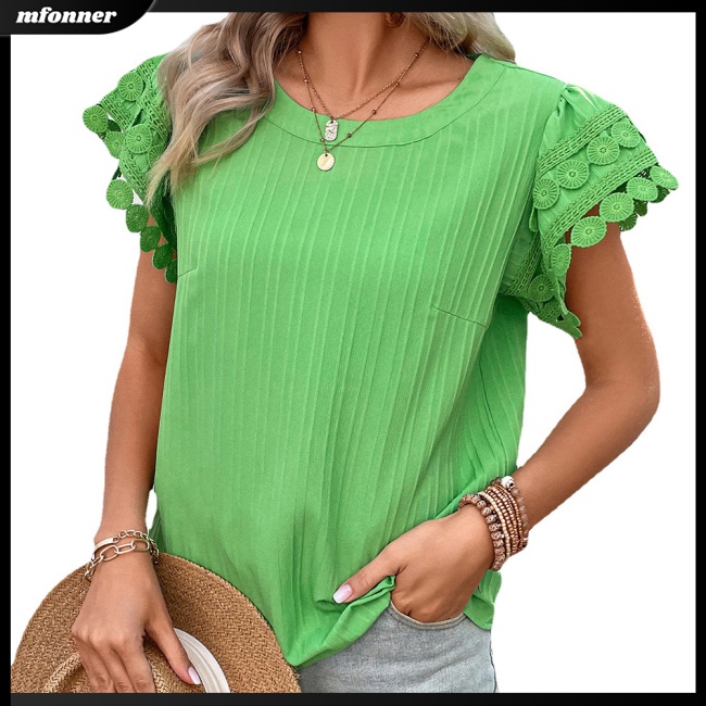 Áo Thun Nữ Tay Ngắn Cổ Tròn Phối Ren Màu Sắc Ngọt Ngào