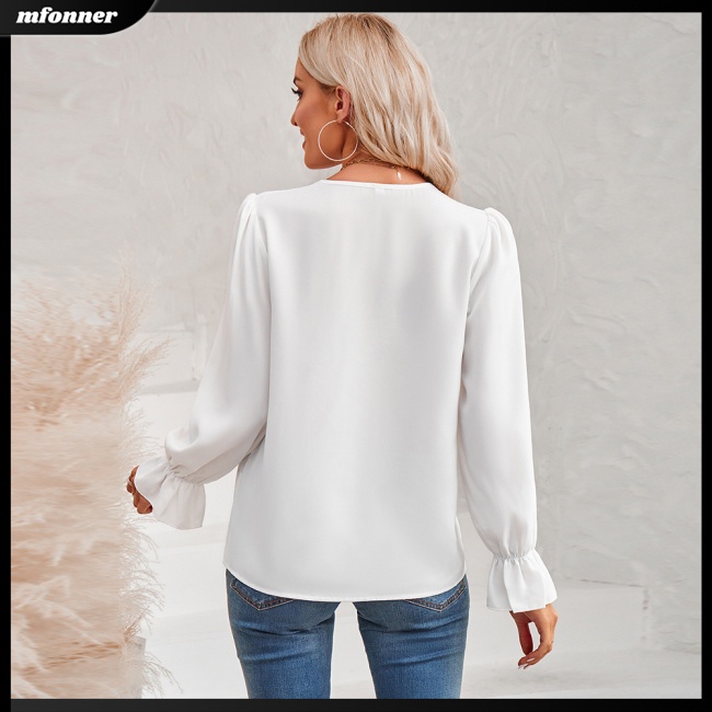 Áo Ren Tay Dài Cổ Chữ V Màu Sắc Thanh Lịch Dành Cho Nữ