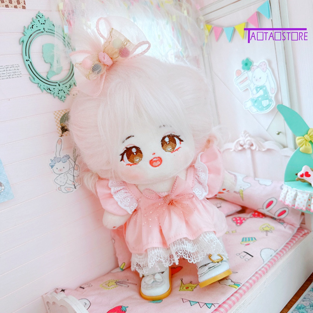 1 Bộ Quần Áo Búp Bê 20cm Bằng Cotton Viền Ren Màu Trơn Dễ Thương
