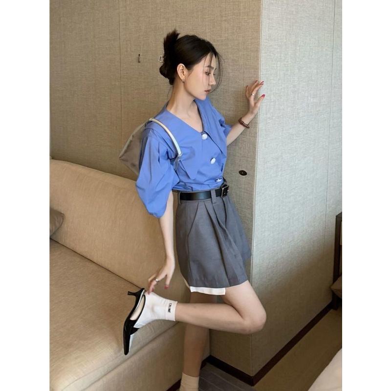 Bộ Áo Sơ Mi Tay Phồng + Chân Váy Xếp Ly Lưng Cao Phong Cách Pháp Thời Trang Mùa Hè Cho Nữ