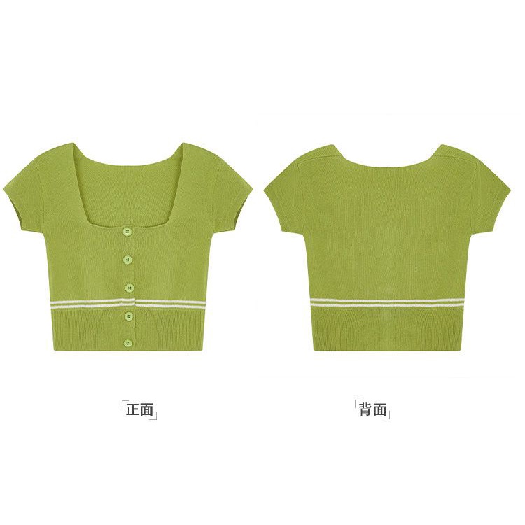 G-Fashion Áo Thun Dệt Kim Tay Ngắn Cổ Vuông Màu Xanh Lá Thời Trang Mùa Hè Dễ Phối Đồ