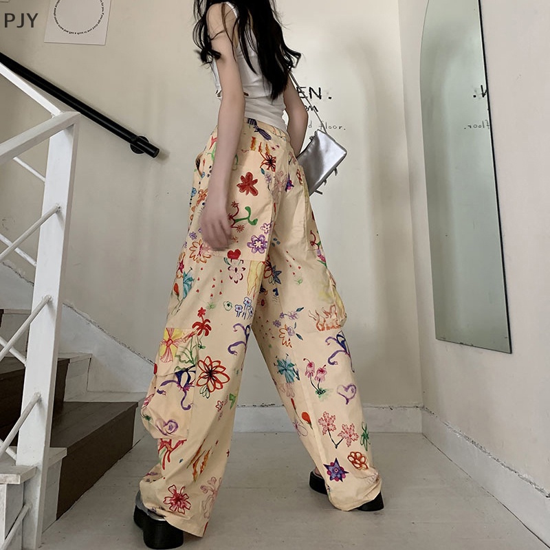 Pjy Quần Yếm Mỏng Ống Rộng Dáng Suông In Họa Tiết Graffiti Mỹ Mùa Hè