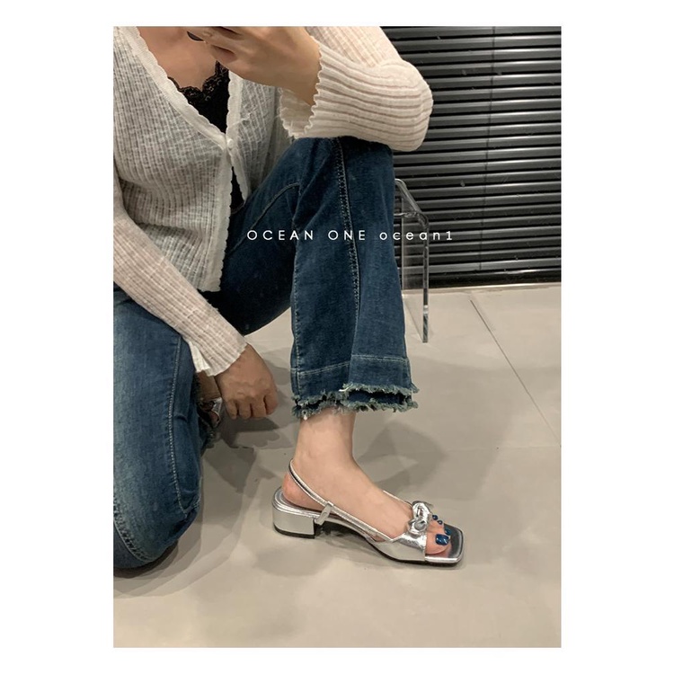 Giày Sandal Cao Gót Hở Ngón Đế Dày Quai Nơ Màu Bạc Thời Trang Mùa Hè Cho Nữ
