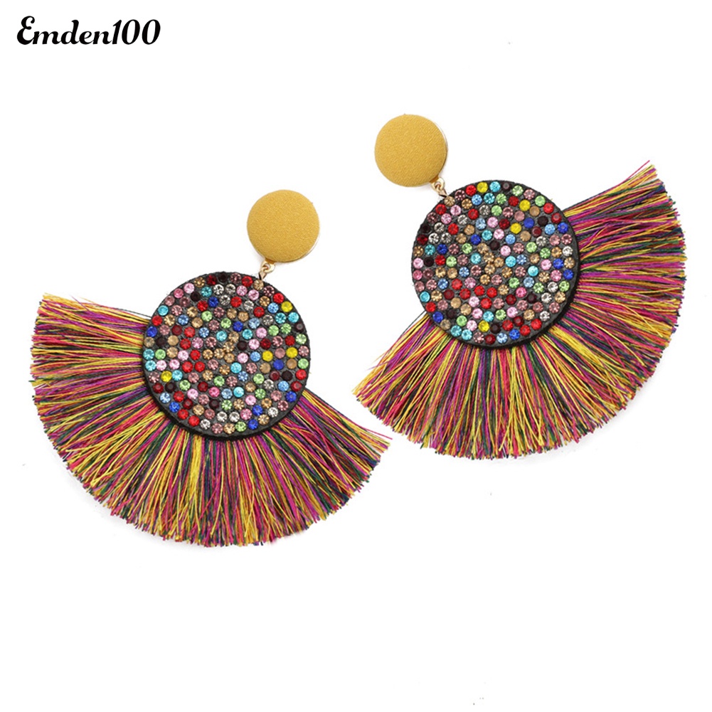 Bông Tai Hình Quạt Đính Đá Tua Rua Thời Trang