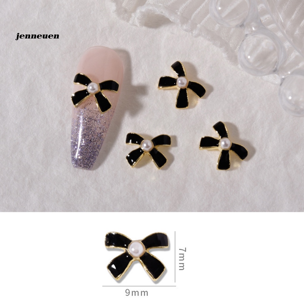 Set 5 Móng Tay Giả Bằng Kim Loại Đính Hạt Charm Nơ Trắng Đen Tự Nhiên Sáng Tạo