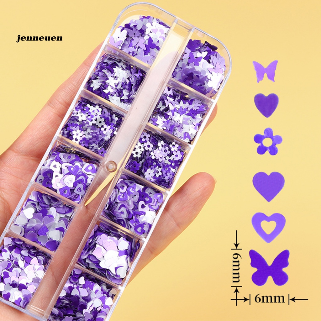 Hộp 12 Ngăn Đựng Hạt Sequin Hình Bướm Màu Tím Dùng Trang Trí Móng Nghệ Thuật