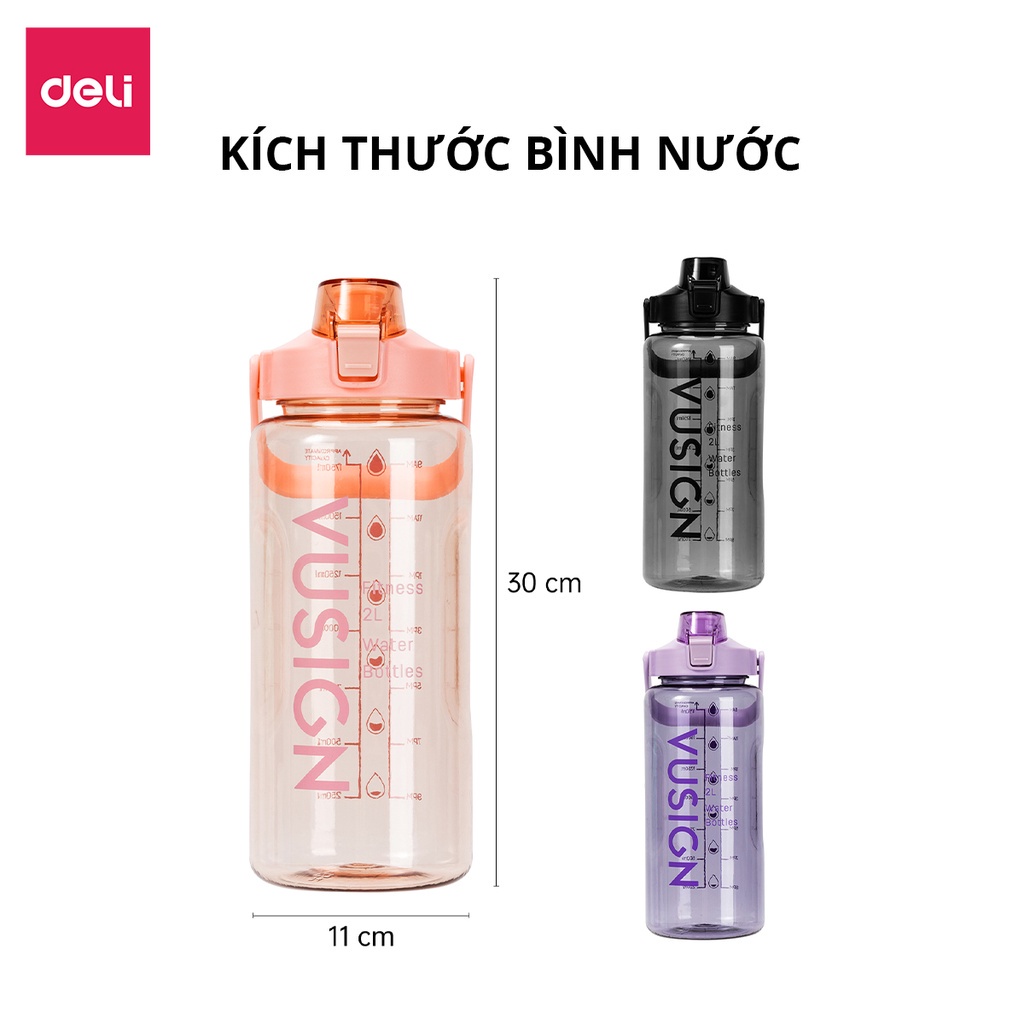 Bình Nước 2 Lít Chia Vạch Thể Thao Nhắc Nhở Deli KHÔNG MÙI NHỰA AN TOÀN Với Sức Khoẻ Có Giấy Kiểm Định Chất Lượng Cute