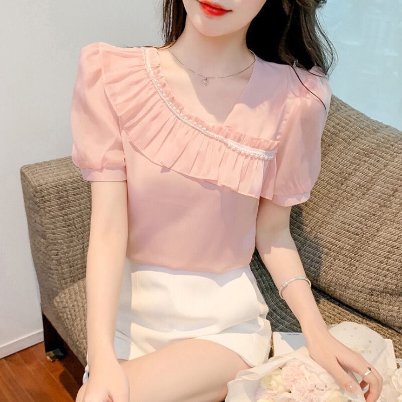 Áo Sơ Mi Nữ Tay Ngắn Cổ Chữ V Màu Hồng Đơn Giản Thời Trang Mùa Hè Hàn Quốc 2023