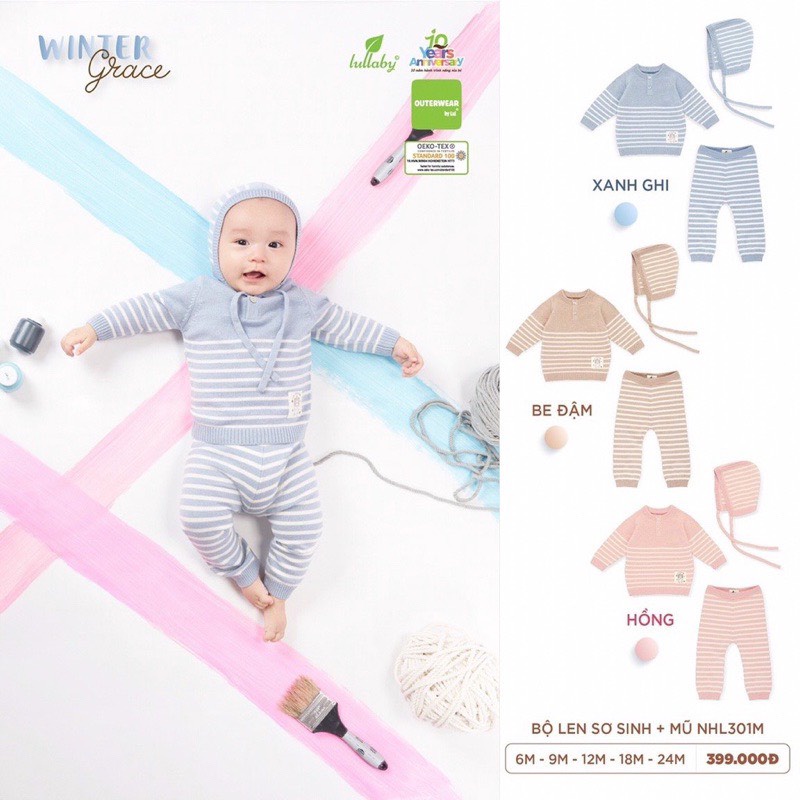 LULLABY Set sơ sinh len mềm mại ấm áp kèm mũ cho bé trai bé gái từ 0 tới 24 tháng