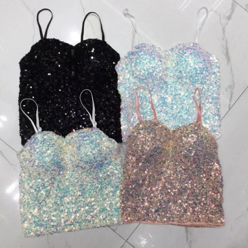 Áo Hai Dây Có Mút Ngực Dáng Dài Đính Kim Sa Lấp Lánh Phong Cách Mới Quyến Rũ Thoáng Khí Dành Cho Nữ