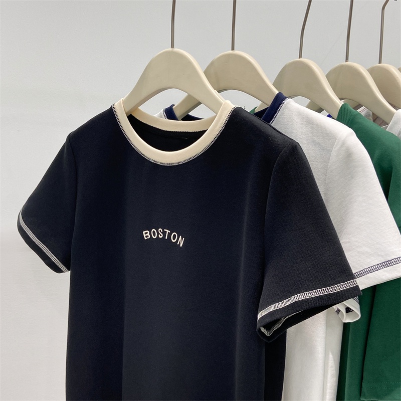 Áo Thun Tay Ngắn Cổ Tròn Thiết Kế Đường Viền Sáng Đơn Giản Phong Cách Phương Tây Cho Nữ