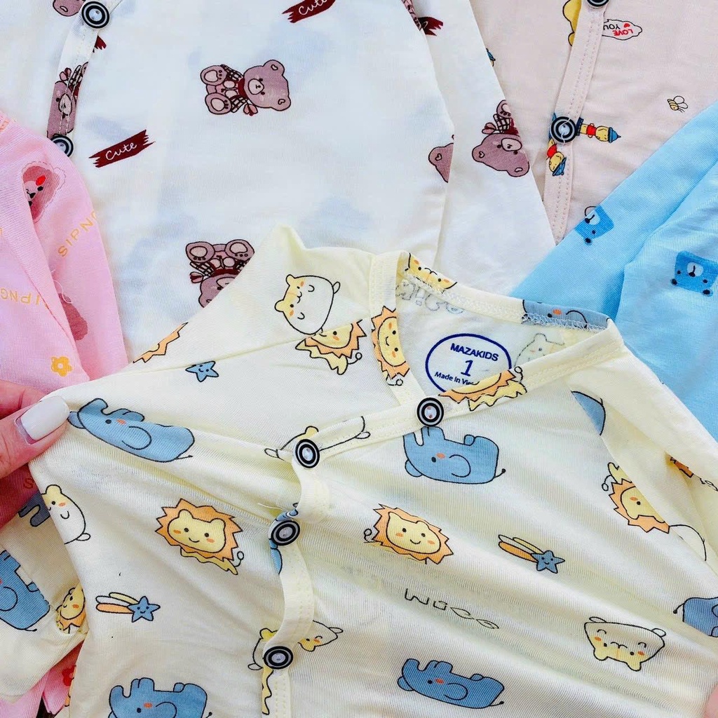 Bộ dài MÀU in hình cạp cao vải petit sợi tre mềm mát cho bé sơ sinh đến 9kg Mazakids