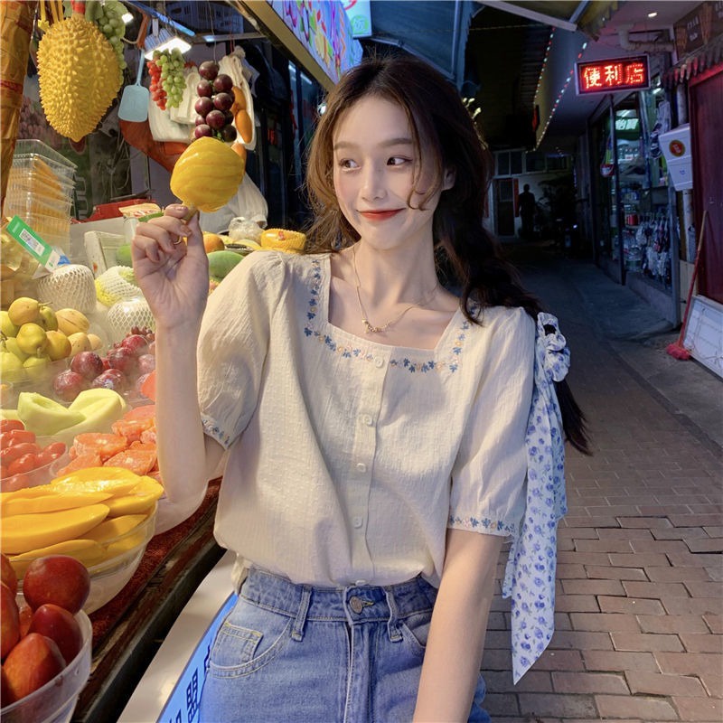 Áo Sơ Mi Ngắn Tay Cổ Vuông Thêu Hoa Thời Trang Mùa Hè Dành Cho Nữ