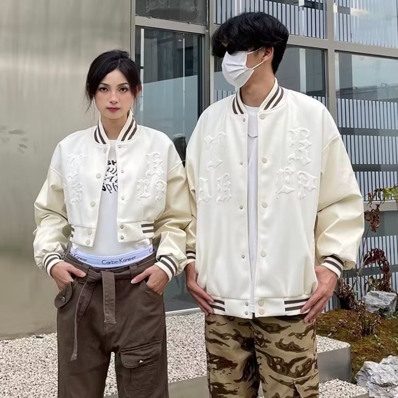 Áo khoác cặp Áo Khoác Bóng Chày Bằng Da Thêu Chữ Phong Cách Retro Mỹ