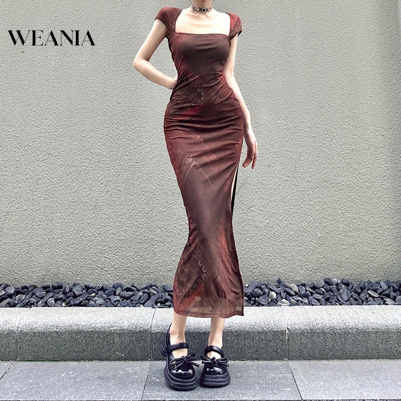 Đầm Cổ Vuông Dáng Dài Phối Lưới Hai Lớp Xẻ Tà Thời Trang Cho Nữ