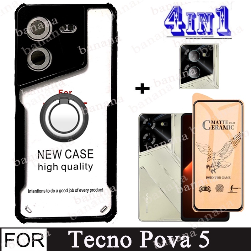 Kính cường lực gốm mờ Tecno Pova 5 cho Tecno Pova 5 4 Pro 3 Neo 2 Camon 18 18P 17 4 trong 1 Khóa khung và Vỏ điện thoại Acrylic trong suốt TPU mềm chống rơi