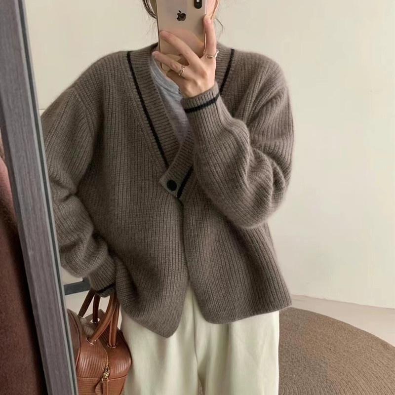 Liên Kết Với Nhau ✿ Áo Khoác cardigan Dệt Kim Tay Dài Dáng Rộng Cổ Chữ v Phong Cách Hàn Quốc