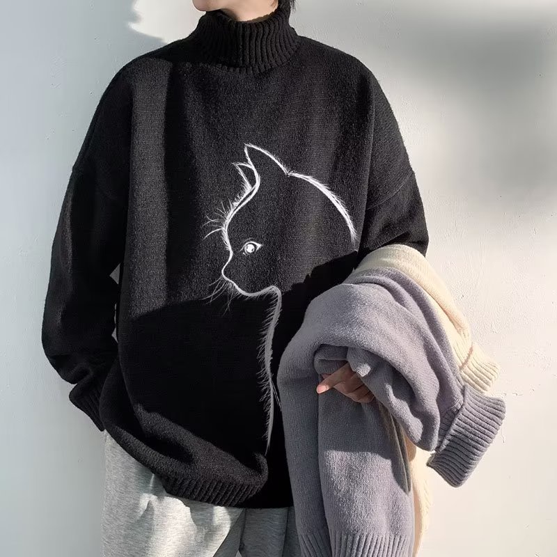 Áo Sweater Dệt Kim Dày Dặn Dáng Rộng Màu Đen Thời Trang Mùa Đông Cho Nam Giới