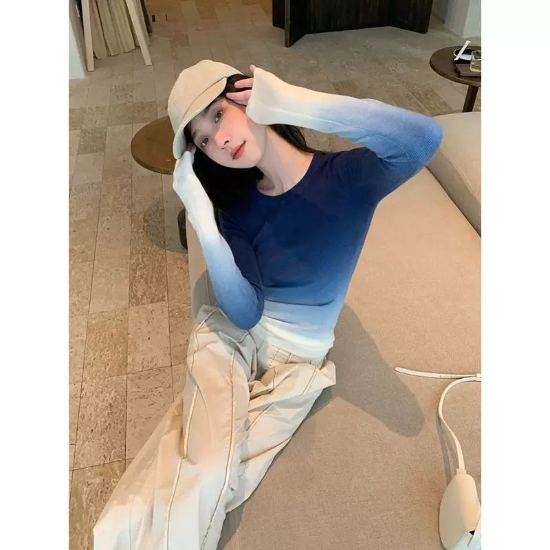 Plus Áo Thun Dài Tay Màu gradient Xanh Thời Trang Mùa Xuân Cho Nữ