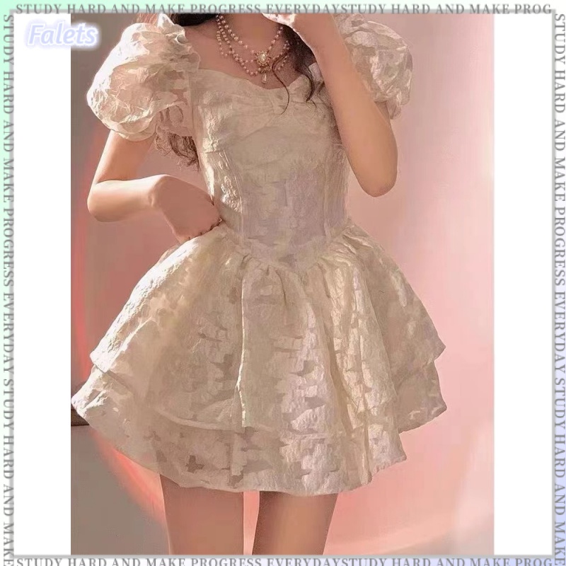 Váy Búp Bê Jacquard Mẫu Mới Mùa Xuân Và Mùa Hè, Váy Tay Phồng, Váy Công Chúa Cổ Vuông Khâu Ngọt Ngào Phong Cách Retro