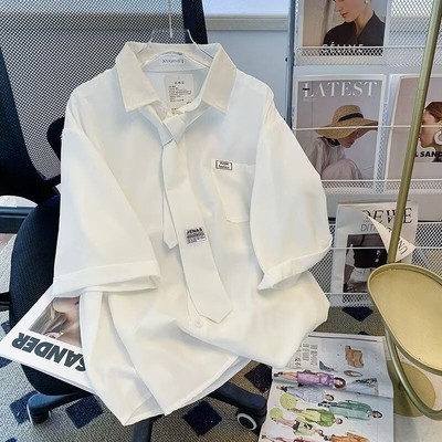 Áo sơ mi BEFOYI tay lửng dáng rộng màu trơn phối cà vạt lụa mát họa tiết chữ phong cách Hàn Quốc cho nam nữ slc158