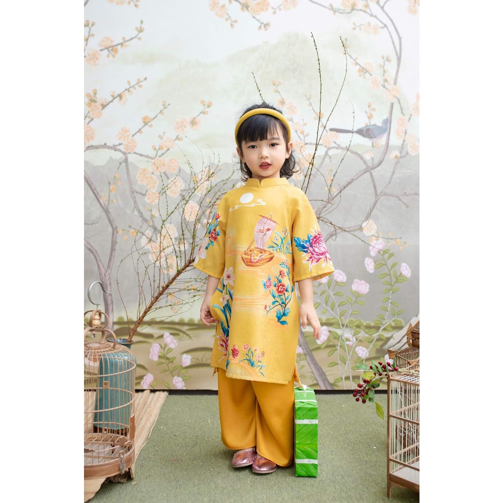 Áo dài cách tân cho bé gái 4 tà in hoa nhiều màu chất liệu tơ kim sa cao cấp - Xưởng Áo Dài Cách Tân - BG03
