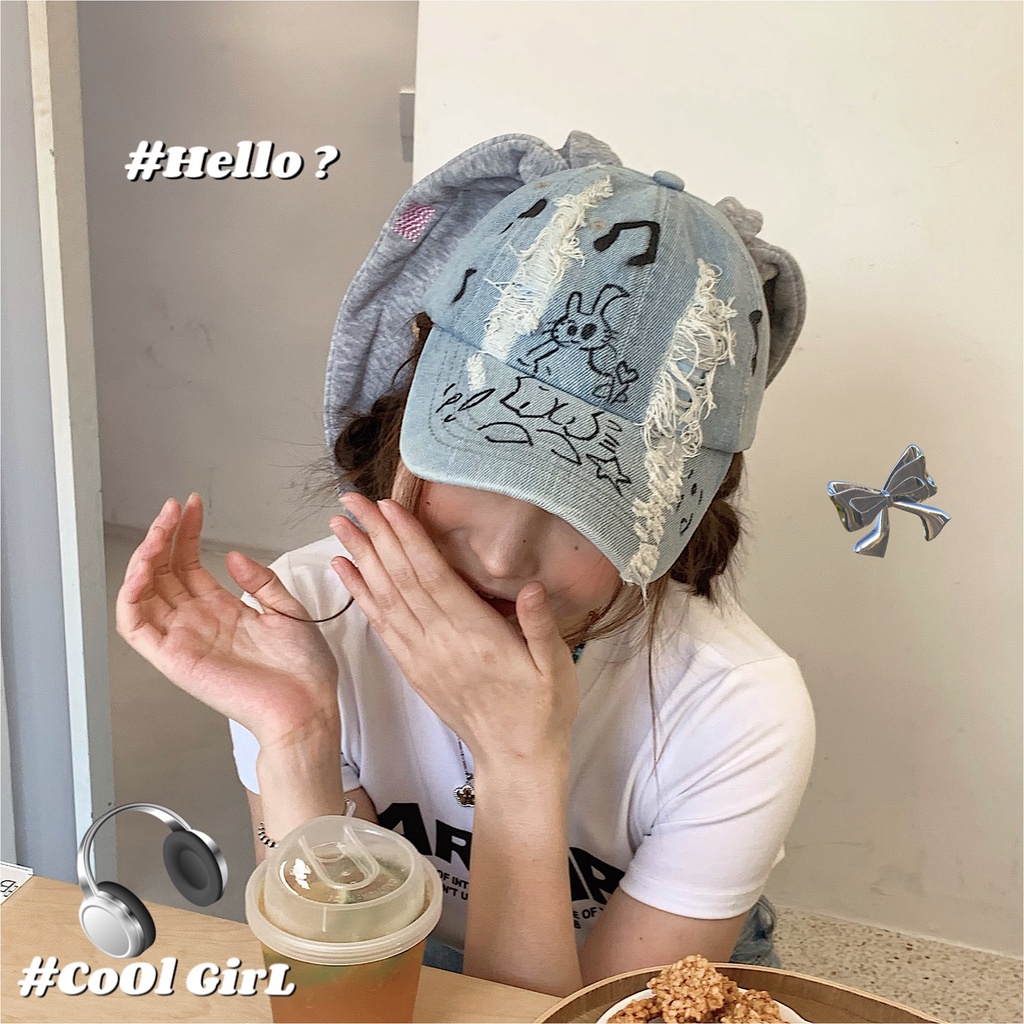 Mũ Bóng Chày Cao Bồi Đính Tai Thỏ Graffiti Phong Cách Cao Bồi Cho Nữ