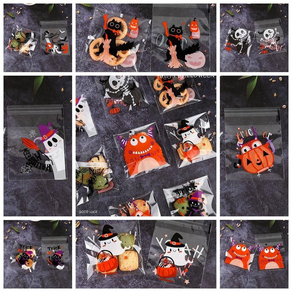 September 100 cái halloween túi kẹo nhựa, bí ngô tự dính halloween túi quà bánh quy, quà tặng trẻ em ma nhựa trong suốt halloween